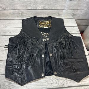 vintage genuine leather motorcycle vest women size XL fringe laced conchos